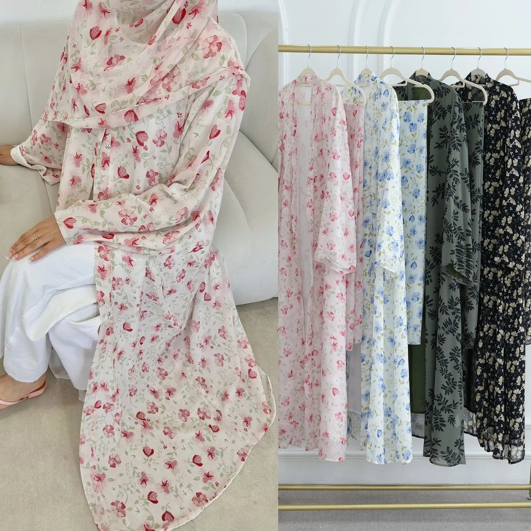 Muslim Abaya Set Luxury EID Islamic Kimono Muslim Women Dress Floral Printed Chiffon Modest Gorgeous Dubai Abaya Dress Suit.
