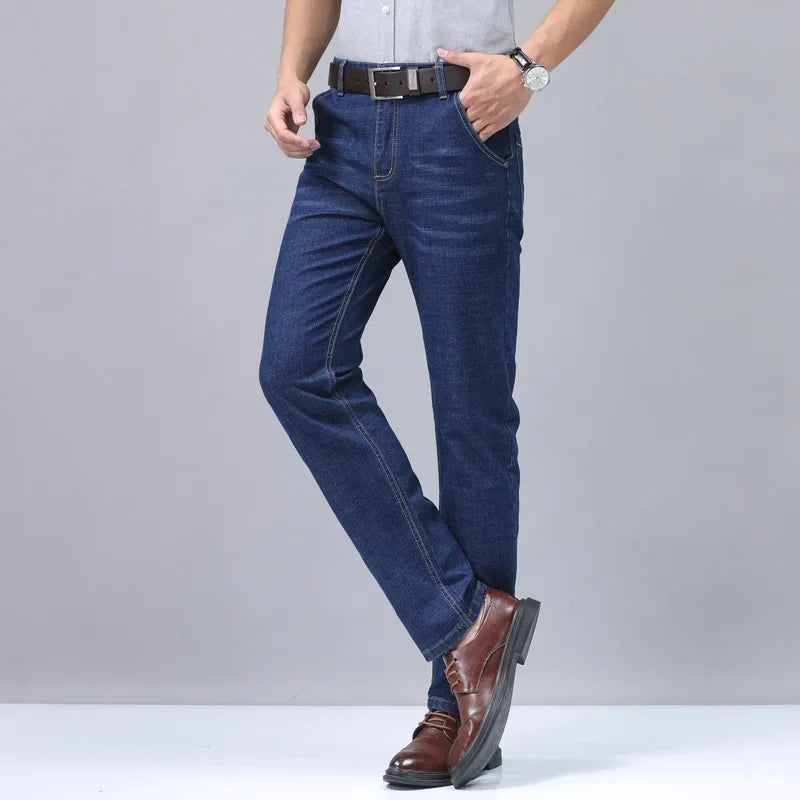 2024 New Brand Men's Fit Straight Lightweight Cotton Stretch Denim Pants Casual Male High Waist Thin Light Blue Business Jeans