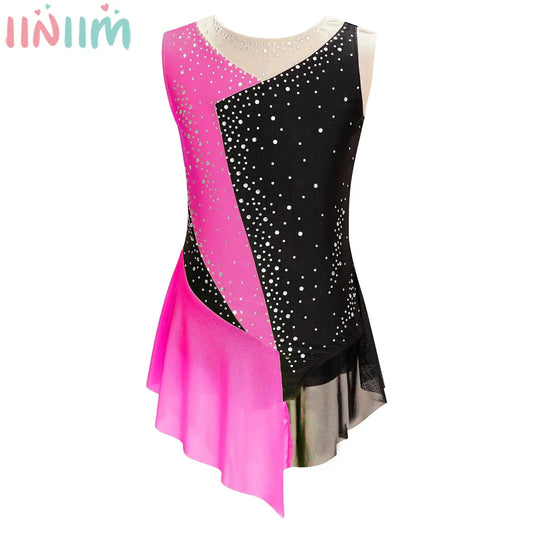 6-16Y Mädchen Ärmelloses Eiskunstlauf Trikot Kleid Ballett Rhythmische Gymnastik Lyrical Dance Body Bühne Leistung Dancewear