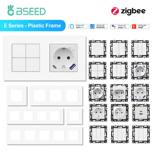 BSEED Zigbee 1/2/3/4Gang Smart Licht Vorhang Shutter Dimmer Schalter Mechanische Tasten EU Steckdosen USBC DIY Teile Kunststoff Rahmen.