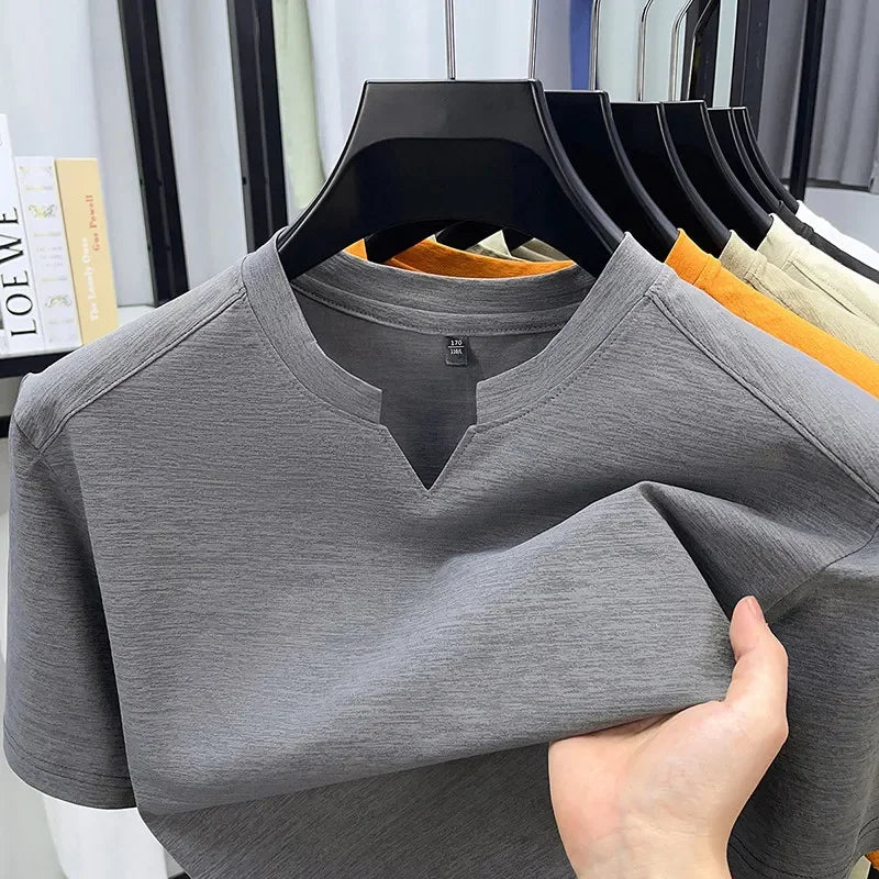Korean Men's Casual and Fashionable Small V-neck Solid Color Short Sleeved T-shirt Comfortable Summer Versatile Top.