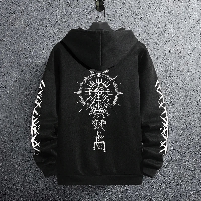 2025 Brand New Black Sweatshirts Autumn Winter Male Daily Casual Sporty Jogging Hoodie Men's Ancient Viking Raven Print Pullover.