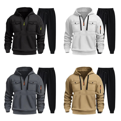 2025 new autumn/winter men's multi pocket zipper hooded sweatshirt+sports pants two-piece jogging and leisure fitness suit set.