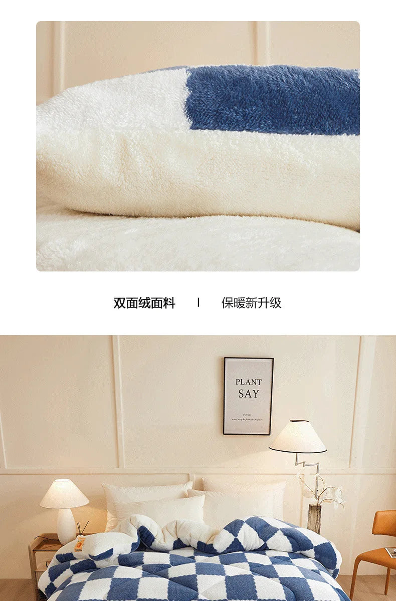 Super Thick Warm Winter Checkerboard Duvet Blankets Soft Artificial Lamb Cashmere Weighted Fluffy Warmth Duvet Comforter Quilt.