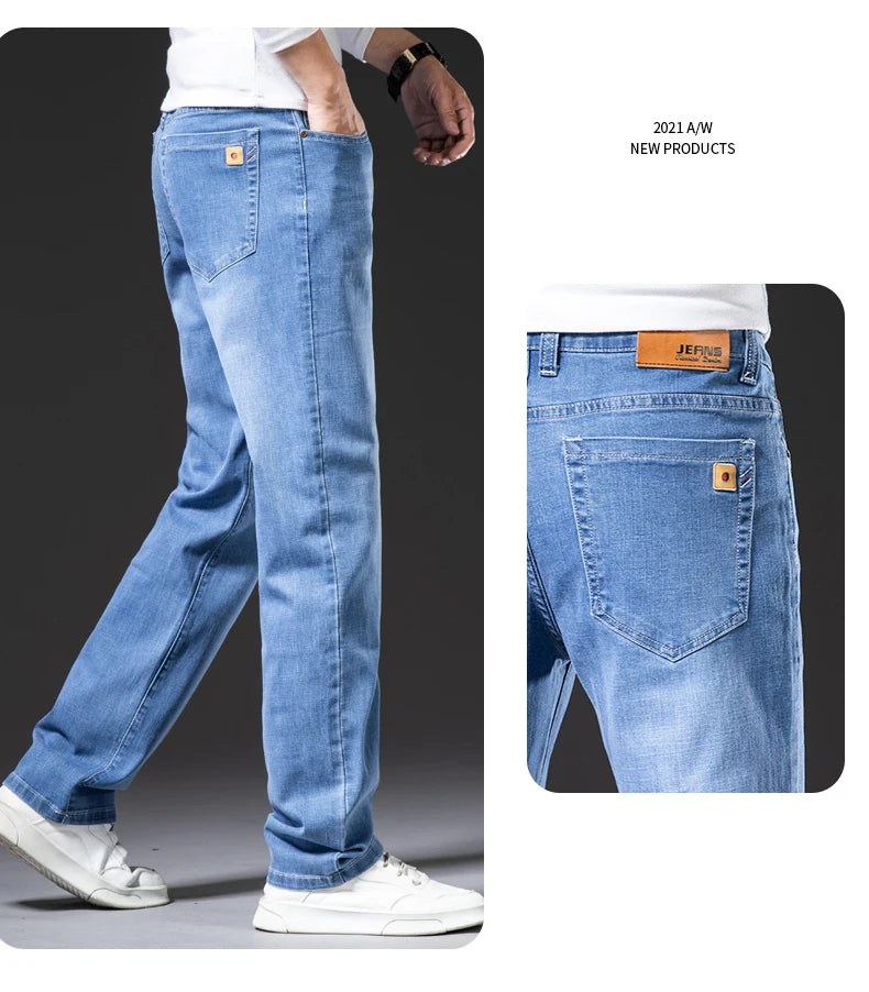 Große Größe 40, 42, 44, 46, lockere, gerade Jeans für Herren, Herbst, neue Business-Casual-Stretchhose, klassische blaue Denim-Hose für Herren.