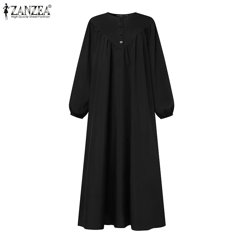 Women Autumn Muslim Long Dress Abaya Long Sleeve Hijab Vestidos Islamic Robe Femme ZANZEA Vintage Ramadan Maxi Sundress Kaftan.