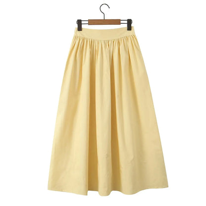 YENKYE 2025 Women Yellow White Cotton Big Swing Long Skirt Vintage High Waist Side Zipper A-line Summer Skirts Holiday.