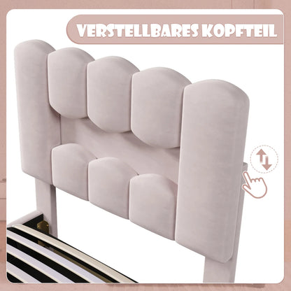 Modernes Polsterbett, 90 x 200 cm, ohne Matratze, LED-Beleuchtung, mit hydraulischem Gerät, verstellbarer Kopfteil, Samt, Grau