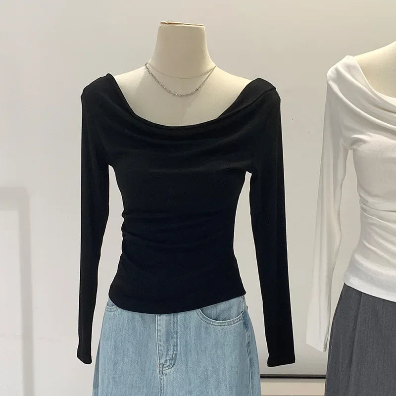 Off-The-Shoulder Long Sleeve T-Shirt Women's Early Autumn New Slimming Design Korean Style Sweet And Spicy Fashion Tops