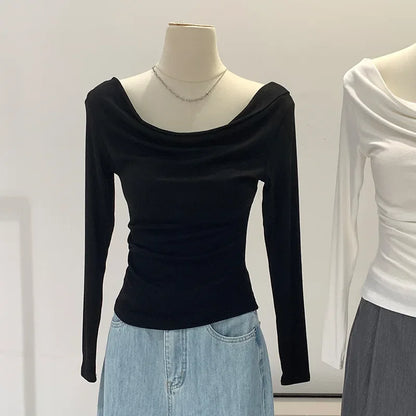 Off-The-Shoulder Long Sleeve T-Shirt Women's Early Autumn New Slimming Design Korean Style Sweet And Spicy Fashion Tops