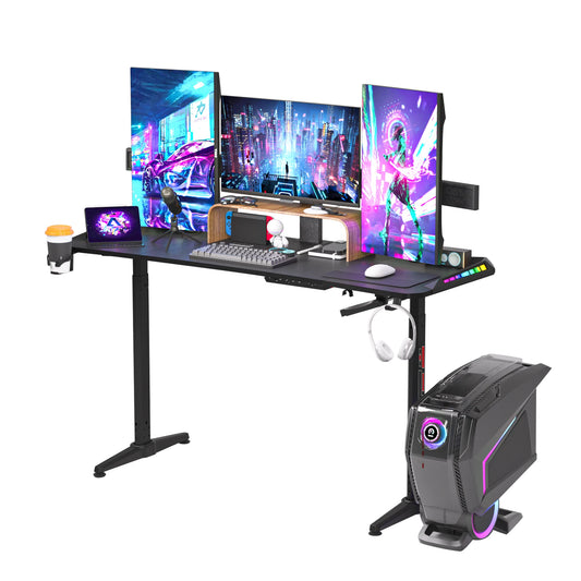 Höhen verstellbarer Gaming-Schreibtisch Stehpult, großer Gaming-Computer-Schreibtisch mit RGB-LED-Leuchten für Spiele und Home Office, schwarz