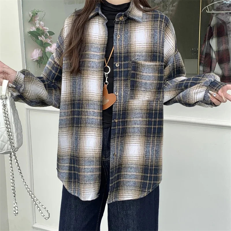 Zjaiss Women Thick Woolen Plaid Blouse Loose Long Sleeved Tops 2025 Autumn Winter New Casual Shirt Long Shirts