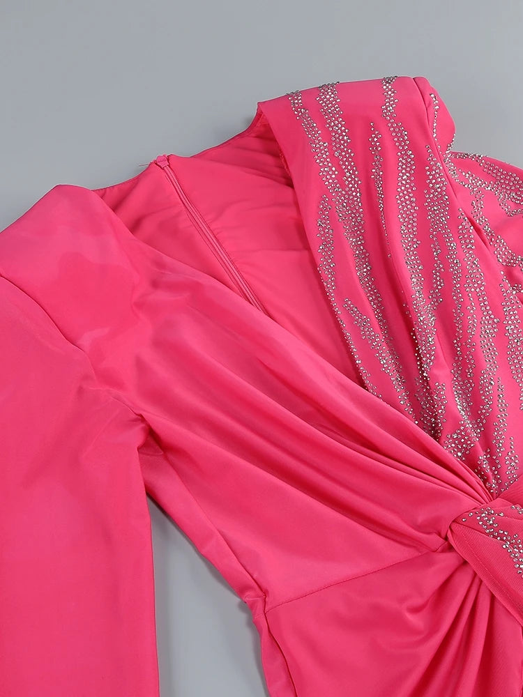 Sexy Deep V Neck Sparkly Diamonds Design Jumpsuit Women Long Sleeve Draped Wide Leg Jumpsuit Elegant Evening Club Costume Runway