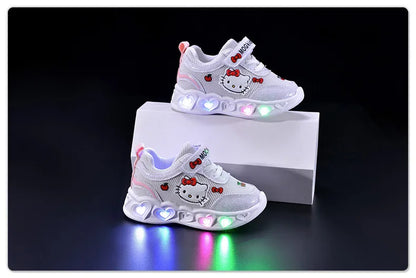 Kids'Casual Shoes Girls Led Light Cartoon PU Leather Fashion Sport Flat Bottom Shoes Breathable White Pink Size 21-30.