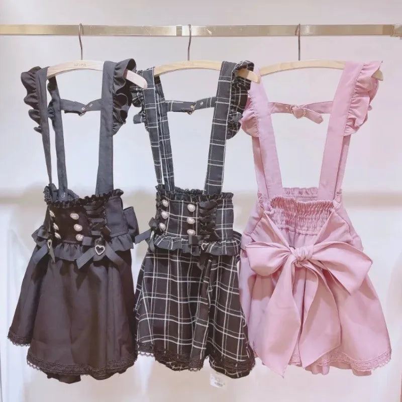 Japanese Gothic Lolita Ribbon Short Suspender plaid Skirt Girls Sweet Cute Lace A-Line Mini Skirts summer2025 black solid kawaii.