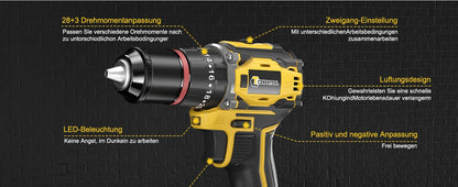 CONENTOOL 28+3 Drehmoment Elektrischer Bohrschrauber Bürstenloser kabelloser Akku-Bohrschrauber 2 Batterien Multifunktionales 27-teiliges Set