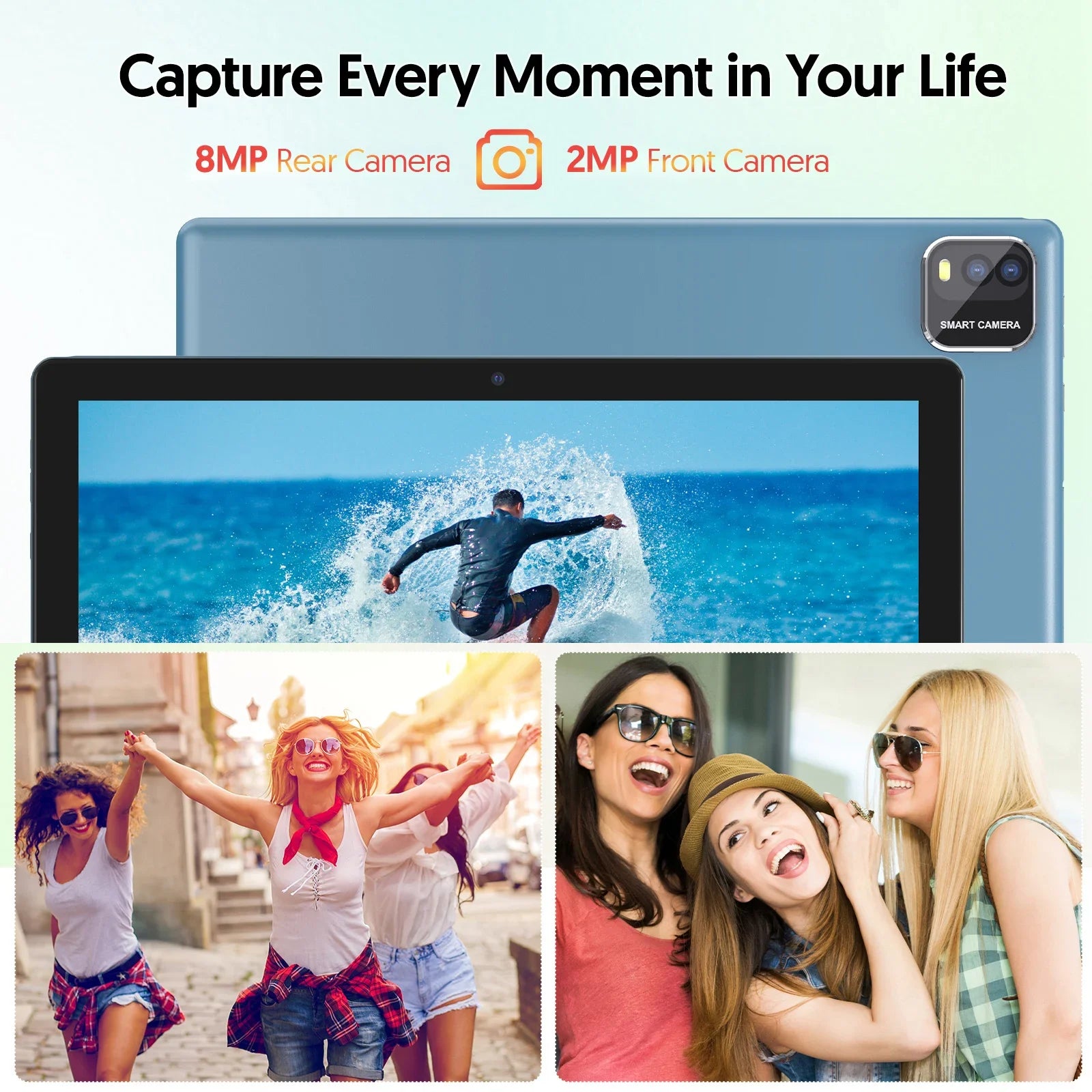 BAKEN 10-inch tablet with SIM card slot, Android 15, Wi-Fi, GPS, Bluetooth, 64GB storage, dual speakers, USB-C port.