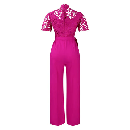 Elegant Jumpsuits & Rompers for Women O Neck Lace Patchwork Short Sleeve Sashes High Waisted Luxury Birthday Party Dinner Outfit