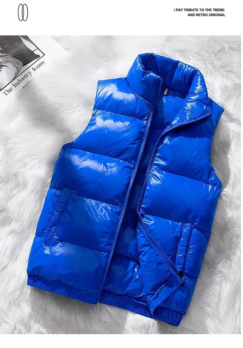 Vest Winter Hooded Glossy Cotton Vest Casual Waistcoat Men's Sleeveless Jacket Warm Overcoats Zipper Solid Color Mens Warm Vests.