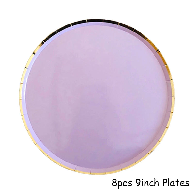 Gold Disposable Tableware Sets Purple Party Paper Cup Plates baby Shower  Birthday Party Supplies Carnival Wedding decor Favors