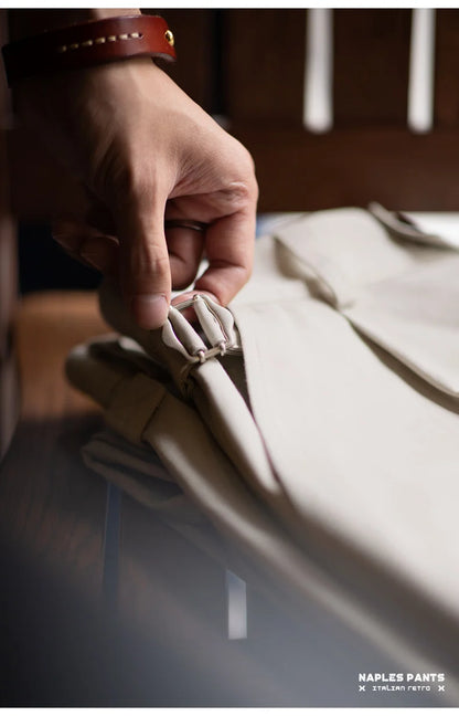 Maden Vintage Gentleman Naples Pants Korea Fashion Casual  Paris Button Straight Wide Trousers 100% Cotton Solid Work Suit Pants