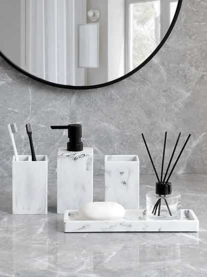 Bathroom Accessories Complete Marble Pattern Lotion Soap Dispenser,Toothbrush Holder,Tumbler,Tray Resin material Black white.