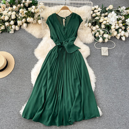 Französisch Vintage elegante Plissee Vneck Kleid A-Linie Mode Chiffon Frühling Herbst ärmellose Vestidos Frauen kleider