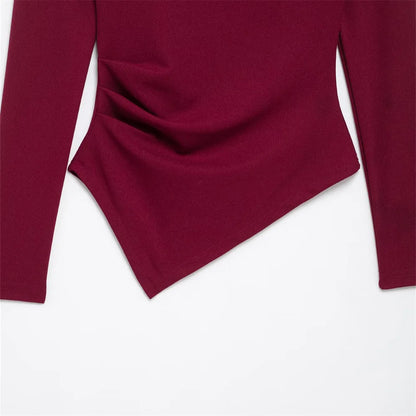 Women's Asymmetric Elastic Top Solid Color Long Sleeve Slant Neck Decoration Spring New Casual Women's Top.
