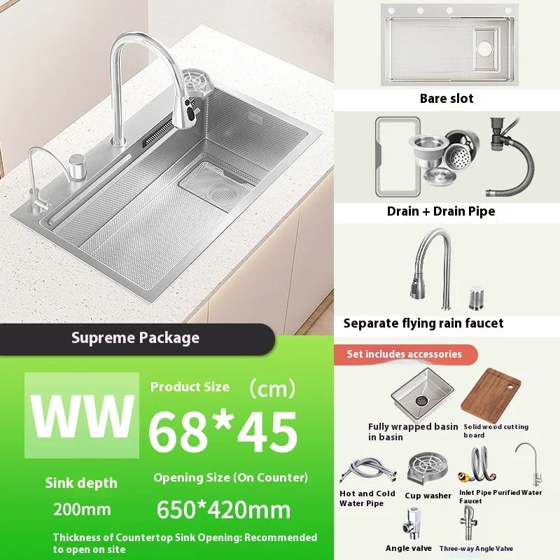 Stainless Steel Waterfall Kitchen Sink Multifunctional Scratch Resistant Wash Vegetables Basin Household Large Single Slot