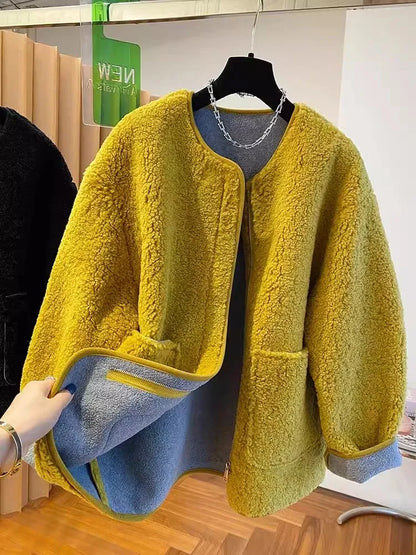 Hochwertige Lammwolljacke für Damen, lockerer warmer Samtmantel, 2025, neuer Frühling und Herbst, große Taschen, modische Oberbekleidung, M-3XL