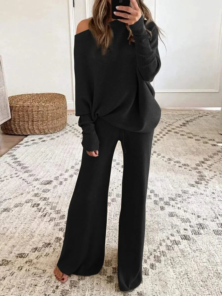 New Women's 2pcs Clothes Set Solid Color Round Neck Long Sleeve Casual Top & Loose Wide Leg Pants Home Wear.