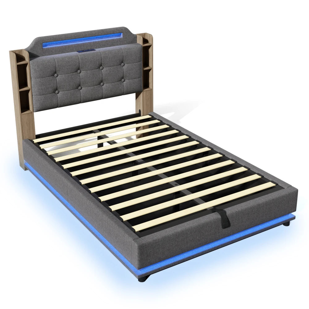 140*200cm Polsterbett mit LED-Lichtleiste und mehreren Ablagefächern, für Schlafzimmerwäsche, Beige (ohne Matratze)