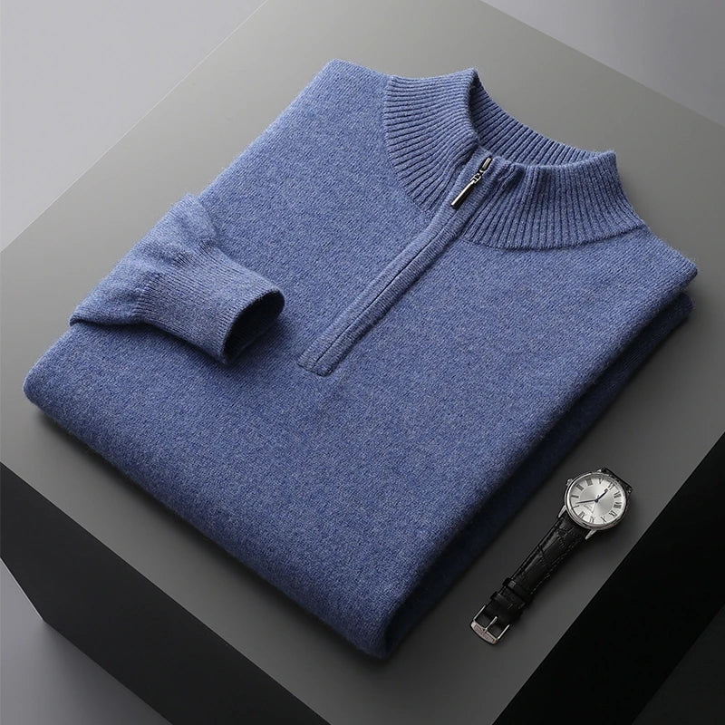 Autumn Winter Men's 100% Merino Wool Sweater Mock Collar Half Zip Knitted Pullover Cashmere Sweatshirt Casual Long Sleeved Tops