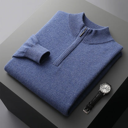 Autumn Winter Men's 100% Merino Wool Sweater Mock Collar Half Zip Knitted Pullover Cashmere Sweatshirt Casual Long Sleeved Tops