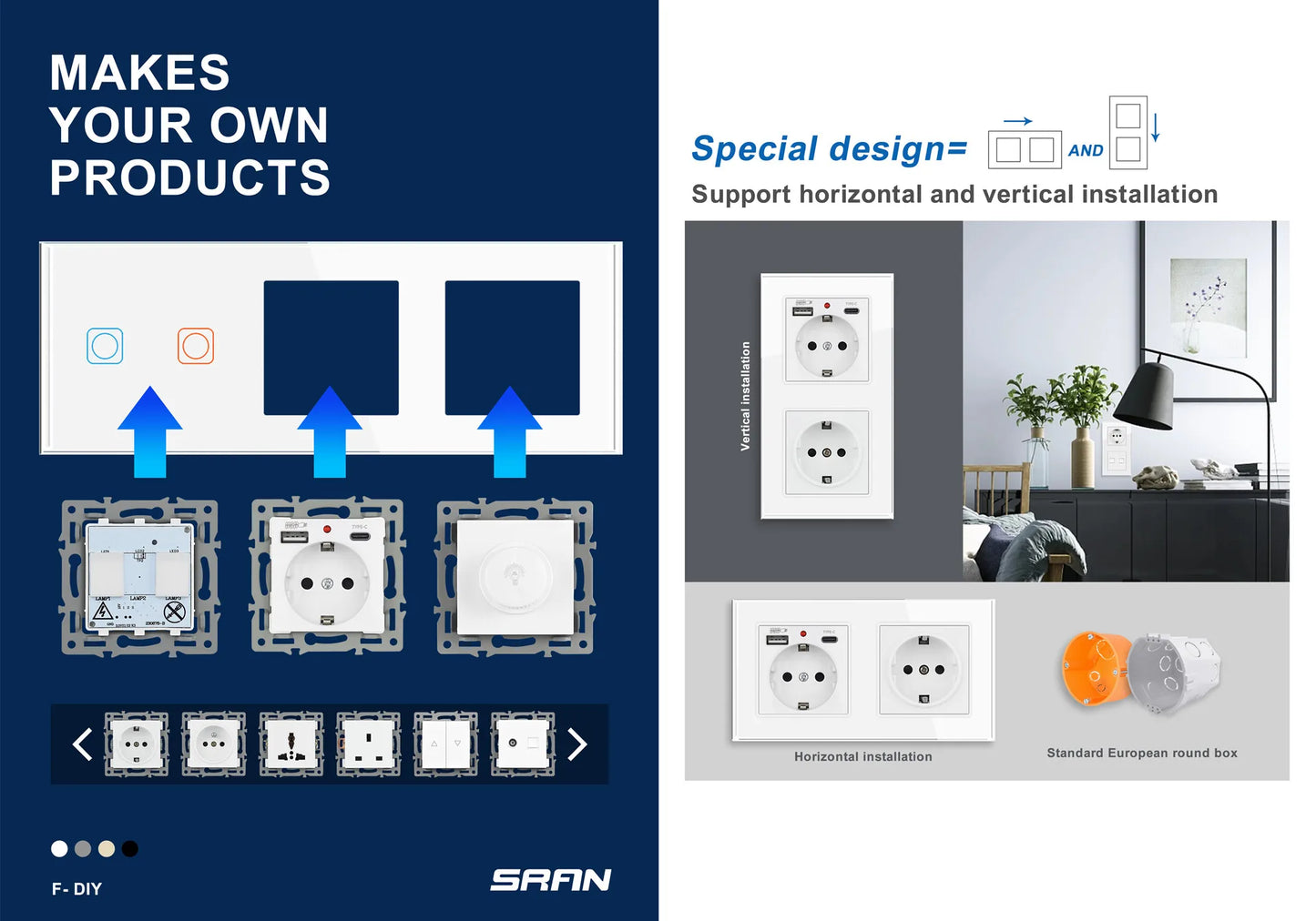 SRAN F6 Serie mehrere Rahmen Weiße Panel aus gehärtetem Glas, EU FR UN-Steckdosen und Schalter Dimmer-Lüfter-Fußlampe Rj45-Modul DIY.