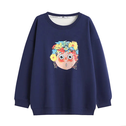 150kg plus size Damen büste Herbst Winter lose Rundhals ausschnitt Fleece warmes Sweatshirt bedrucktes Oberteil blau 5xl 6xl 7xl 8xl 9xl