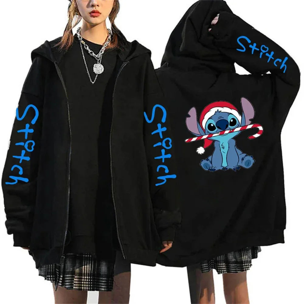Men's and women's Lilo Stitch hooded jackets, Bonita Harajuku anime, cartoon Gothic streetwear, women's zippered sweaters.
