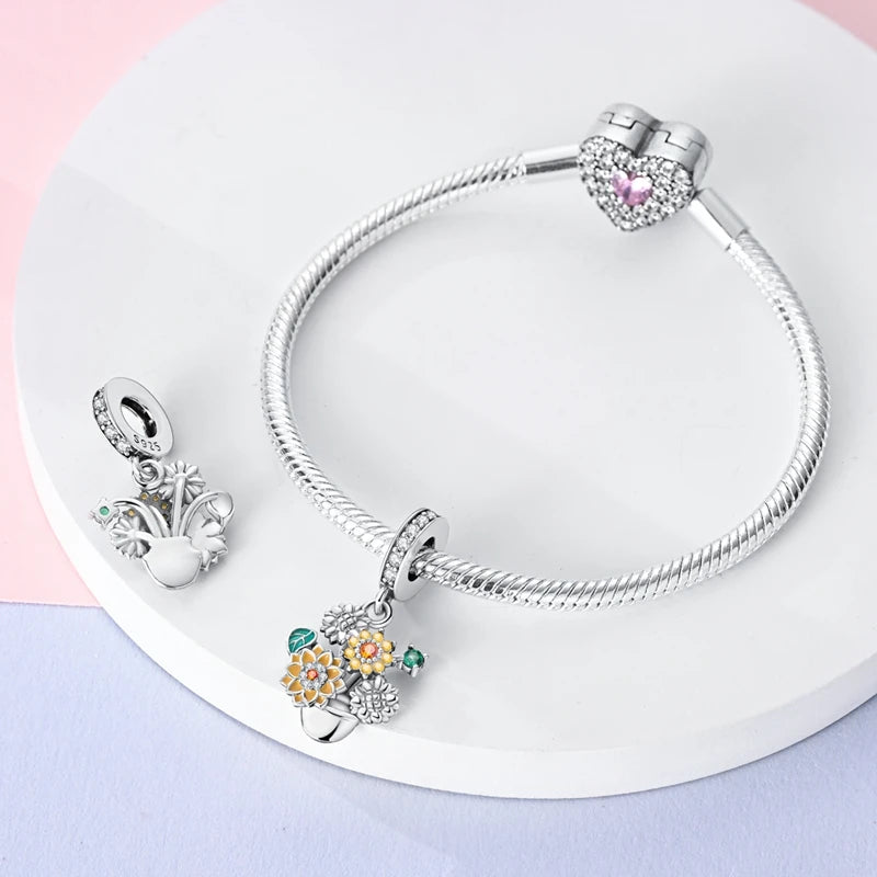 Flowers Series 925 Sterling Silver Sunflowers Tulip Carnation Charms Fit Original Bracelet  For Women Jewelry Making