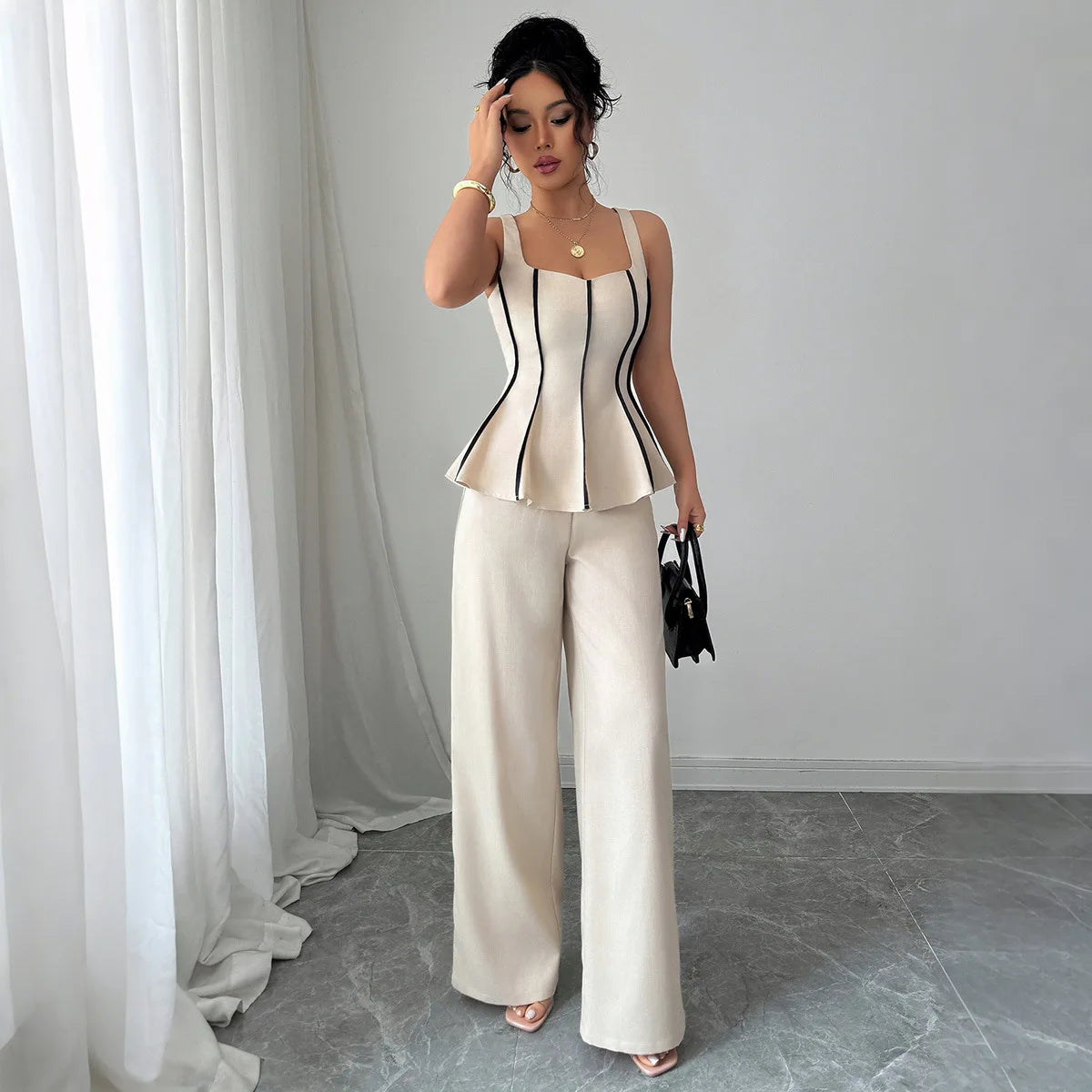Two Piece Sets Women Pant Set Sleeveless Matching Sets Ruffles Tops Y2k Streetwear Elegant Work Wide Leg Long Pants High Waist.