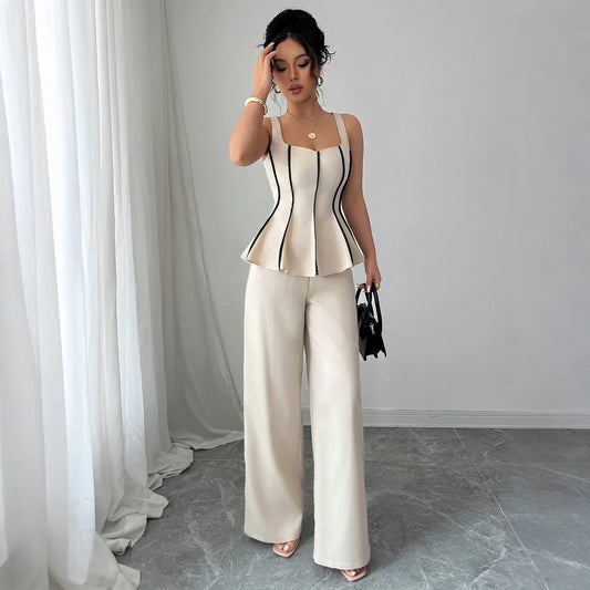 Two Piece Sets Women Pant Set Sleeveless Matching Sets Ruffles Tops Y2k Streetwear Elegant Work Wide Leg Long Pants High Waist.