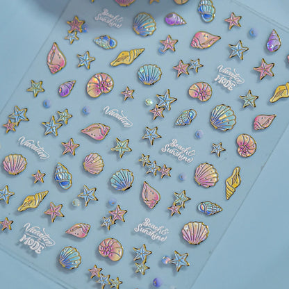 Ocean Theme 5D Nail Sticker Summer Beach Seashells Starfish Conch Scallop Shell Coral Self Adhesive Decoration Manicure Decal.