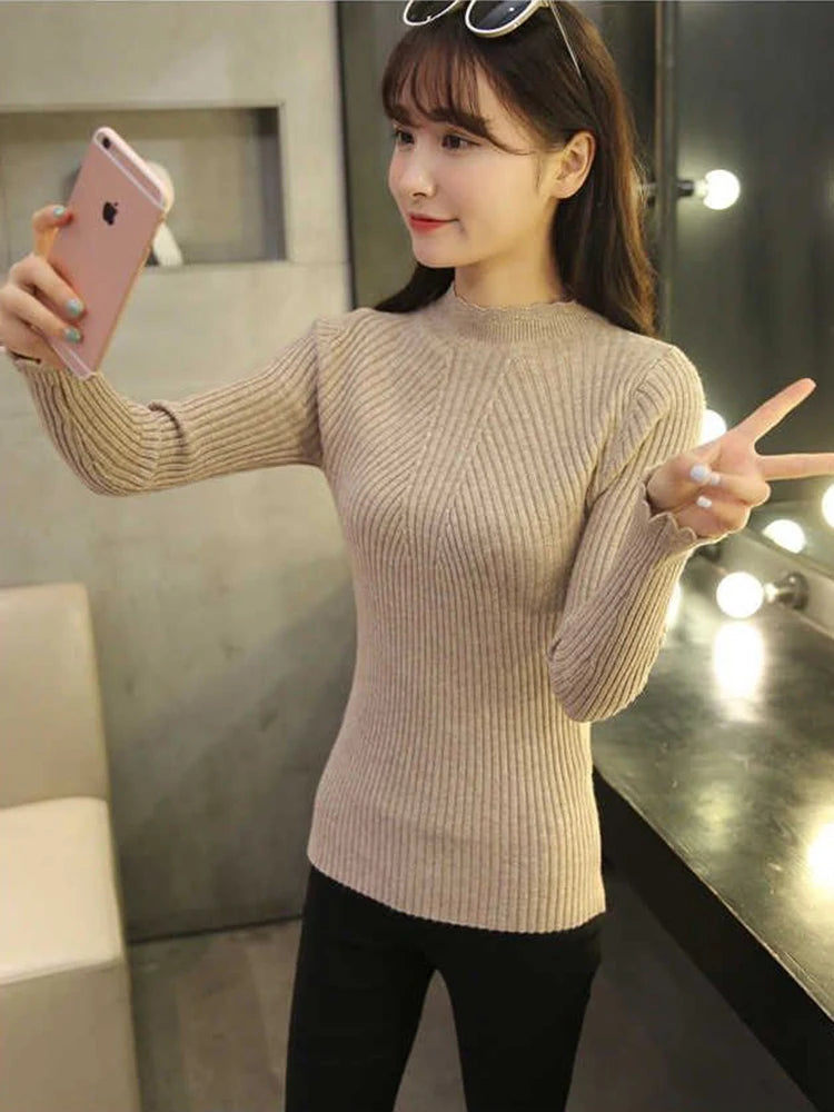 2025 herbst Frauen Mock Neck Rüschen Pullover Langarm Gestrickte Bodenbildung Solide Pullover Streifen Frauen Casual Pullover Winter.