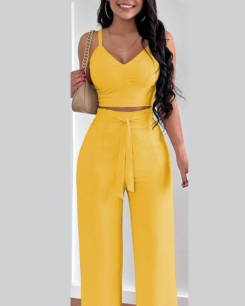 Women Fashion Print Halter V-Neck Short Tank Suit Tops Long Pants Matching Set Summer Casual Female Slim Pants Two Piece Sets.