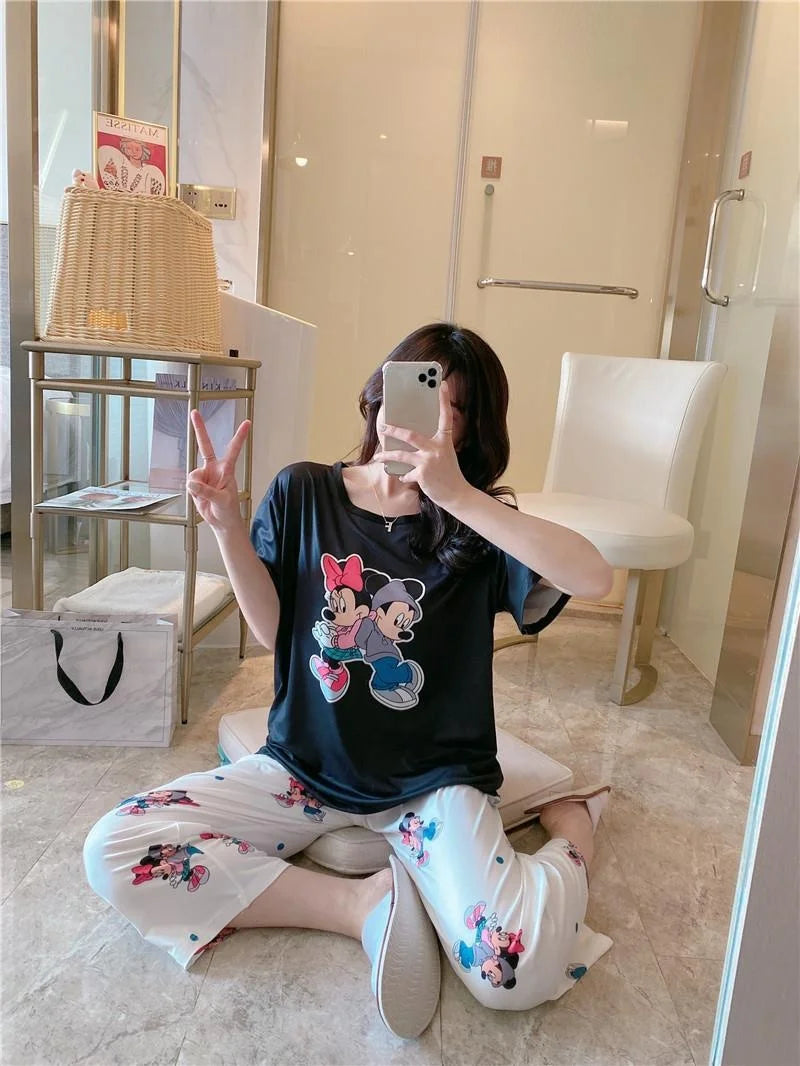 Sommer Pooh Bär Nachtwäsche frauen Lose Bequeme Cartoon Print Hause Kleidung Set Kurzarm Nachthemd Mickey Pyjama Set