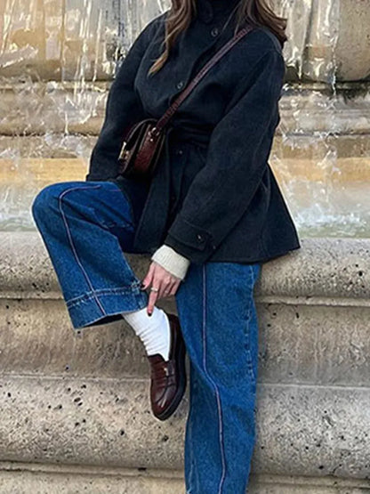 Winter warme Schnürung Damen mantel einfarbig Vintage Einreiher Mantel Mode Herbst Damen jacken neue Retro-Oberbekleidung