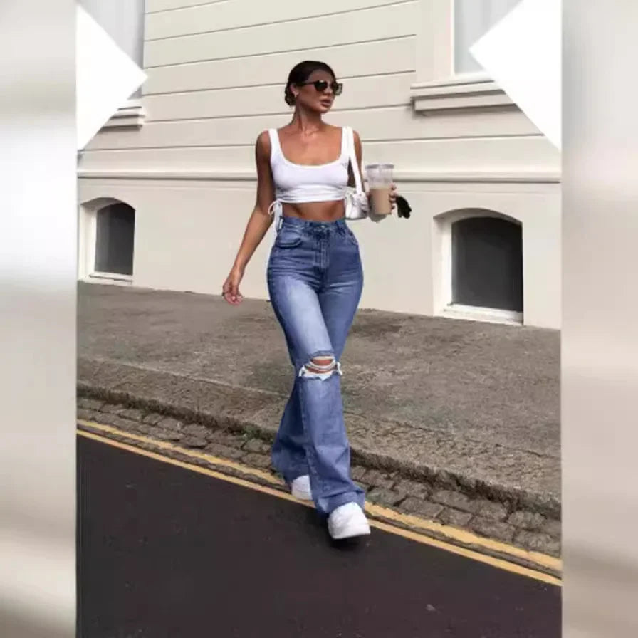 Hole Flare Pants Jean Women Fit Vintage Pockets High Waist Zipper Button Basics Denims Wide Leg Trousers 2025 Casual Jeans.