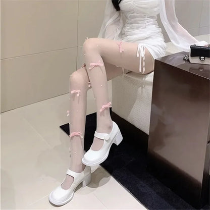 Sweet Pure Desire Butterfly Knot Stockings Pearl Pantyhose Women's Ultra Thin Any Cut Anti Snag Long Tube Socks
