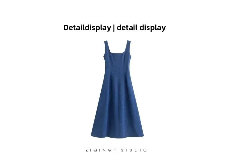 Blue Mist Love Französisches Jeanskleid für Damen, Sommer, einzigartiges Design, Taille, Cinching-Riemen, langes Kleid, elegante blaue Polyesterfaser.