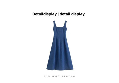 Blue Mist Love Französisches Jeanskleid für Damen, Sommer, einzigartiges Design, Taille, Cinching-Riemen, langes Kleid, elegante blaue Polyesterfaser.