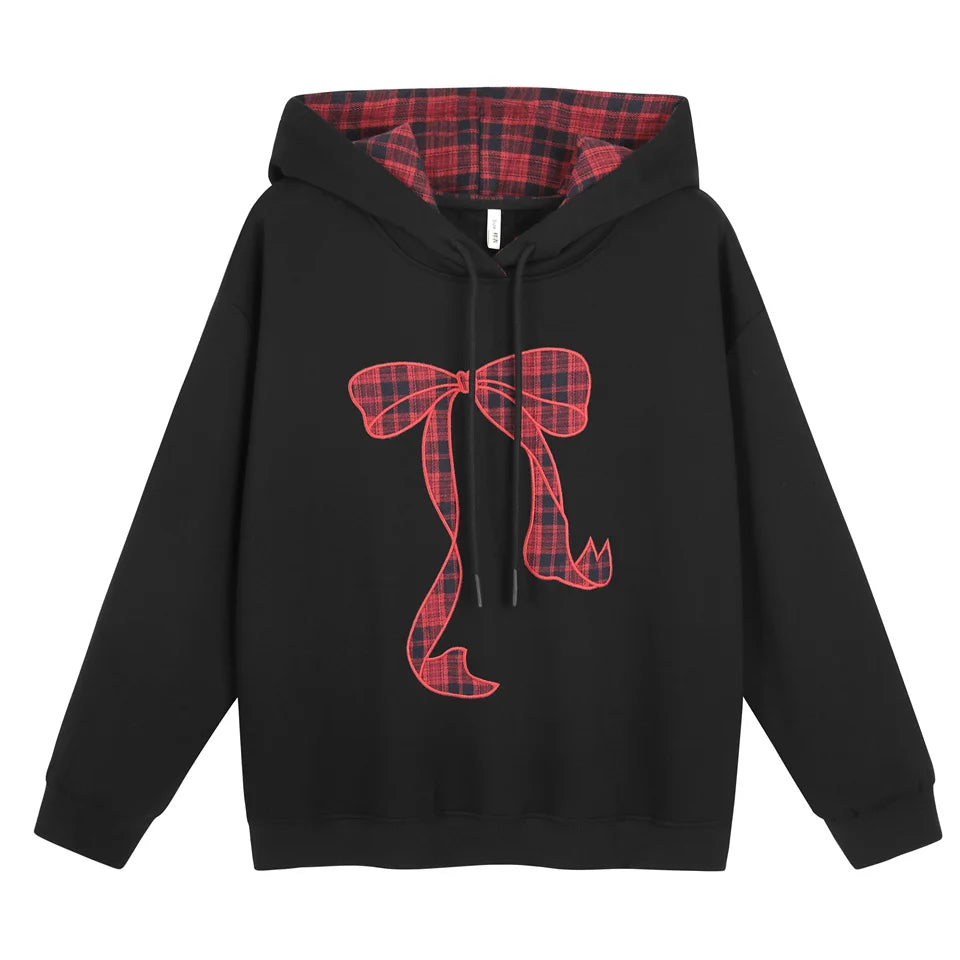 GIBSIE Plus Size Bow bestickter lockerer Hoodie Damen Herbst und Winter koreanische Kapuzen-Fleece-verdickte Pullover-Sweatshirts.